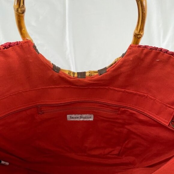 Vintage Large Red Woven Wicker Bamboo Handle Beach Bag Handbag Purse - Picture 8 of 15